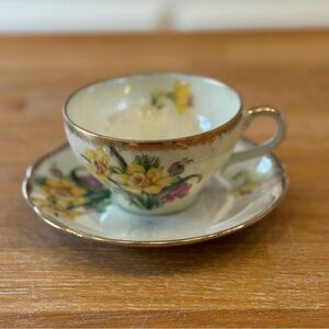 Vintage Lustre Teacup and Saucer Set - Daffodil and Rose Transfer Pattern